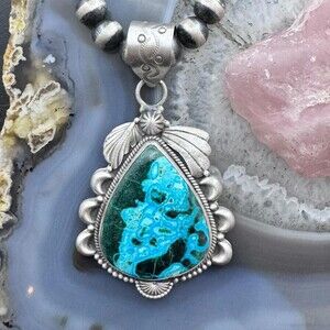 Sterling Southwestern Style Large Teardrop Azurite Malachite Decorated Pendant